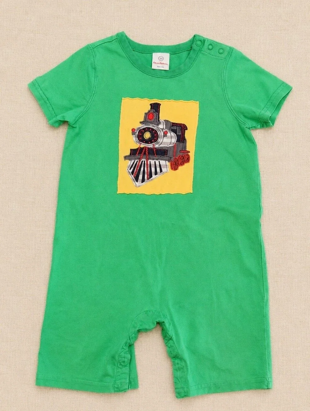 VTG Hanna Andersson Train Appliqué Romper Size 90 3T Green Locomotive Shortall